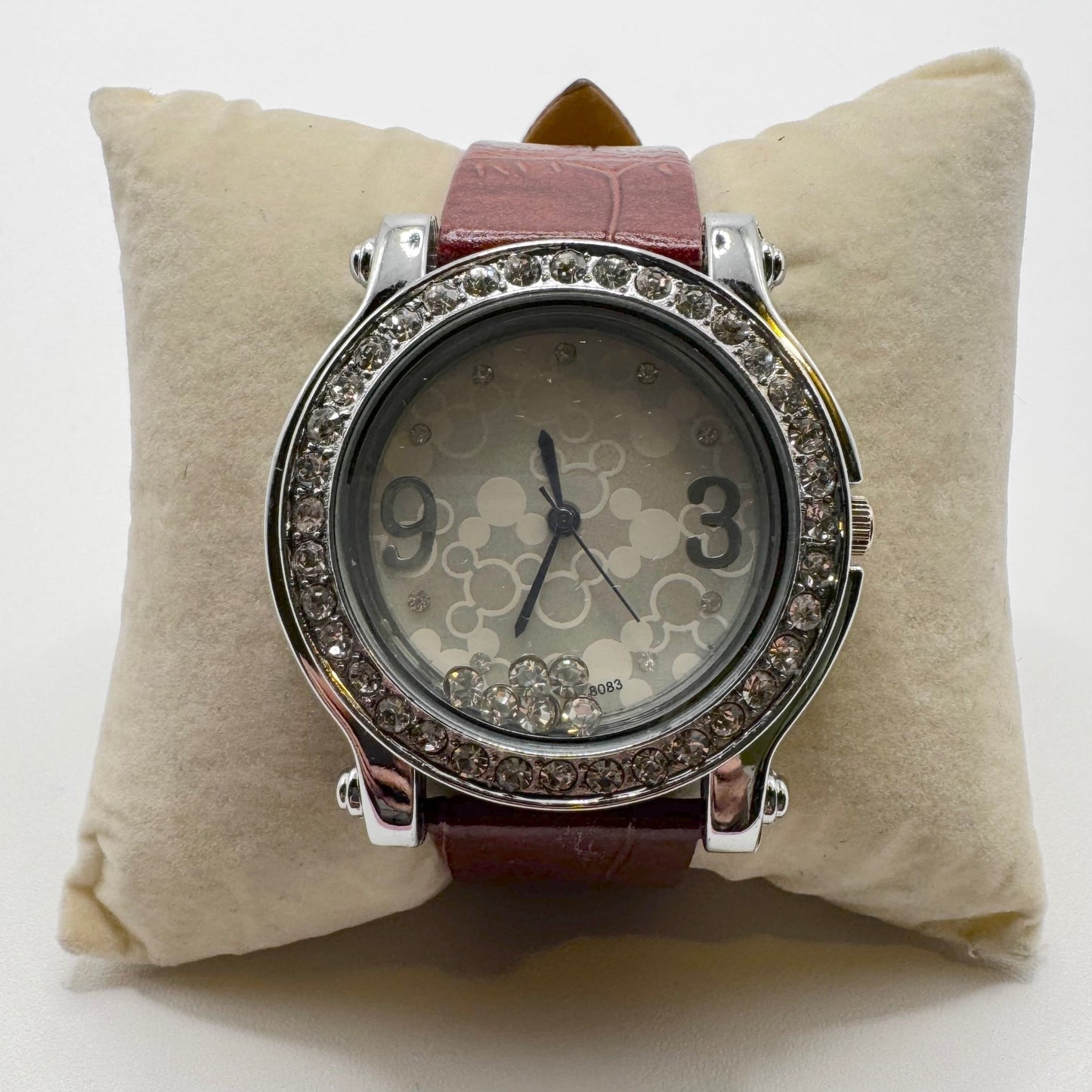 Silver dial with studs and crocodile print leather watch (Brown)